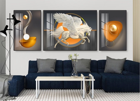 Bộ 3 tranh treo tường phong thuỷ Tráng gương cao cấp tranh ngựa 1 sừng có cánh Pony Kỳ Lân Hiện Đại -15