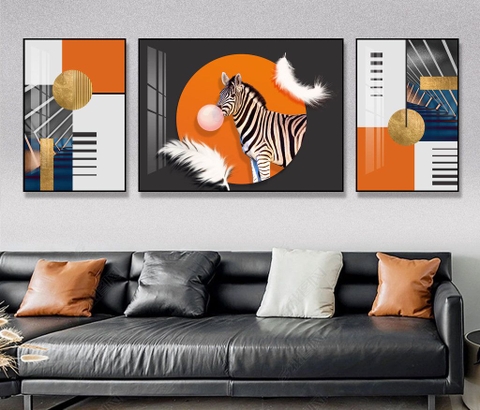 Bộ 3 tranh treo tường phong thuỷ Canvas Tráng gương cao cấp tranh ngựa vằn-13