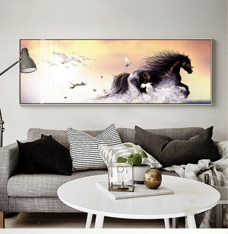 Tranh treo tường đơn ngang Tráng gương- Ngựa Hiện Đại - Mã Đáo Thành Công tỷ lệ 1:3 -4