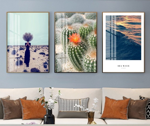 Bộ 3 tranh treo tường canvas Tráng gương cao cấp Hoa lá Xương Rồng nhiệt đới phong cách Bắc Âu Tropical -7