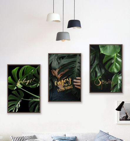 Bộ 3 tranh treo tường canvas Tráng gương cao cấp Hoa lá nhiệt đới phong cách Bắc Âu Tropical -13