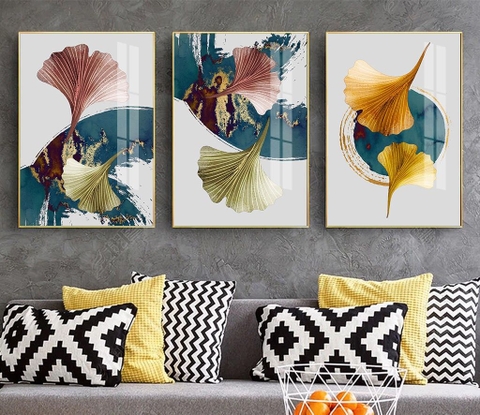 Bộ 3 tranh treo tường Canvas Tráng gương cao cấp Lá Bạch Quả Trang Trí -10