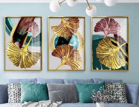 Bộ 3 tranh treo tường Canvas Tráng gương cao cấp Lá Bạch Quả Trang Trí -9