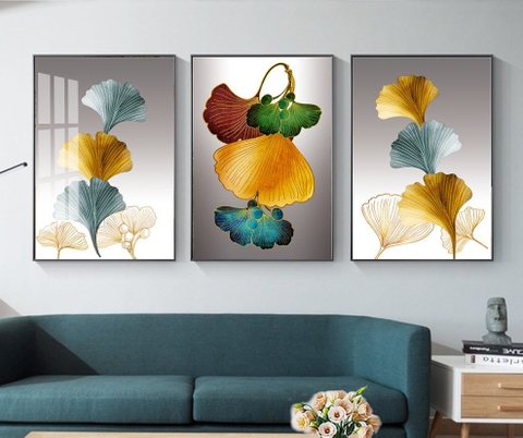 Bộ 3 tranh treo tường Canvas Tráng gương cao cấp Lá Bạch Quả Trang Trí -6