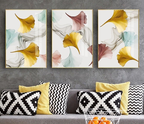 Bộ 3 tranh treo tường Canvas Tráng gương cao cấp Lá Bạch Quả Trang Trí -8