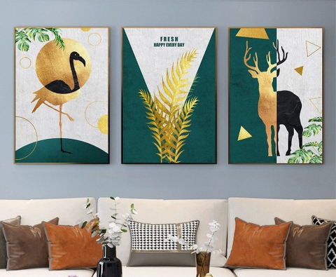 Bộ 3 tranh treo tường Canvas Tráng gương cao cấp Sếu Hồng Hạc Hươu nai nghệ thuật-2
