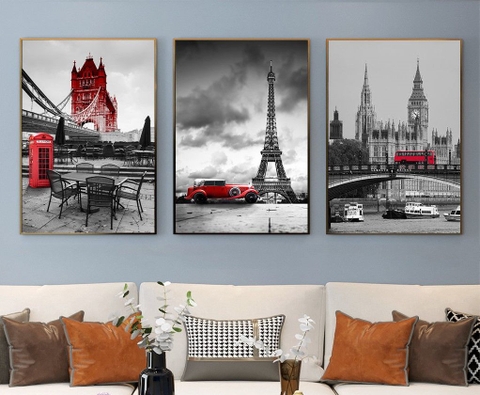 Bộ 3 tranh treo tường canvas Tráng gương cao cấp Thành phố Pari Tháp Eiffef Anh Mỹ Pháp Châu Âu 1