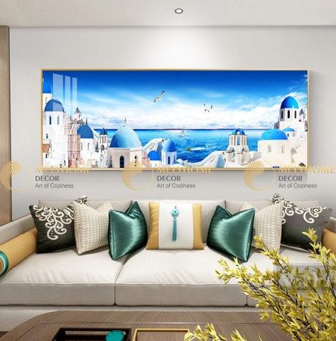Tranh treo tường đơn dọc ngang canvas Tráng gương thành phố Santorini hiện đại (tỷ lệ 1:3) -3