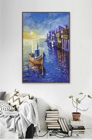 Tranh treo tường đơn dọc thuận buồm xuôi gió - thuyền sơn dầu - tỷ lệ 2:3-4