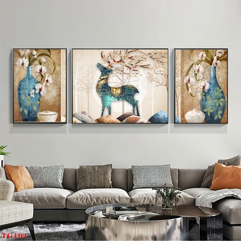 Bộ 3 Tranh Treo Tường Tráng gương / Canvas Cao Cấp - Hươu & Bình Hoa -Kiểu mới- 4668-5