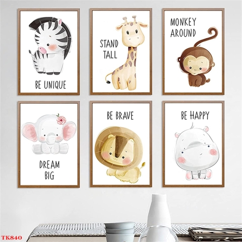 Bộ 6 Tranh Treo Tường Tráng Gương / Canvas Tranh Trẻ Em Động Vật Hoạt Hình và Tiếng Anh - MELYHOME- 17