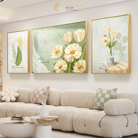Bộ 3 Tranh Treo Tường Tráng gương / Canvas Cao Cấp - Bình Hoa -Kiểu mới- 4668-8