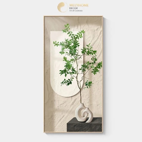 Tranh Đơn Dọc Treo Tường Tráng gương / Canvas Bình Cây Tối Giản Tone Trắng Sang Trọng -HTQ122