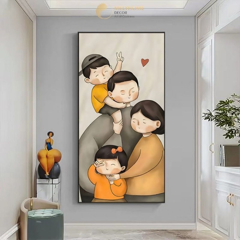 Tranh Đơn Dọc Treo Tường Tráng gương / Canvas Gia Đình Ba Mẹ 1 trai 1 gái Sang Trọng -HTQ125