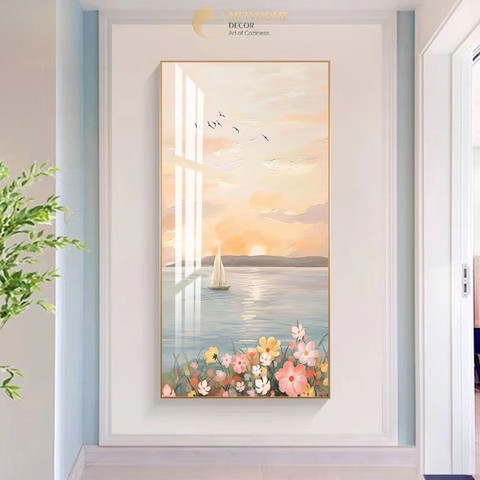 Tranh Đơn Dọc Treo Tường Tráng gương / Canvas Tranh Biển Hoàng Hôn Vườn Hoa -HTQ127