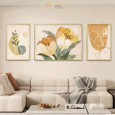 Bộ 3 Tranh Treo Tường Tráng gương / Canvas Cao Cấp - Hoa Tulip Boho Tối Giản - Kiểu mới- 4668-9
