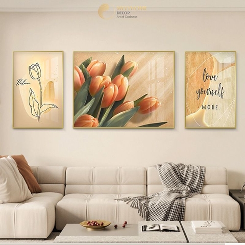 Bộ 3 Tranh Treo Tường Tráng gương / Canvas Cao Cấp - Hoa Tulip Boho Tối Giản - Kiểu mới- 4668-9