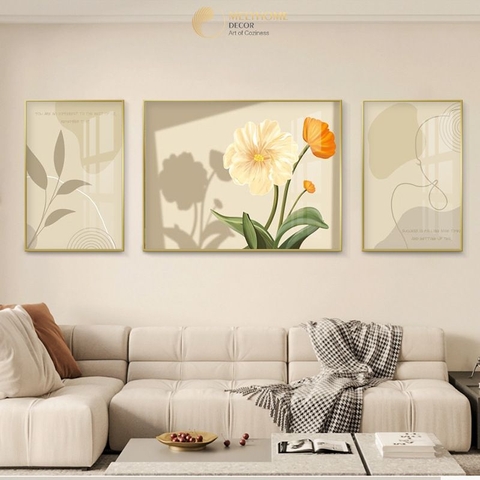 Bộ 3 Tranh Treo Tường Tráng gương / Canvas Cao Cấp - Hoa Tulip Boho Tối Giản - Kiểu mới- 4668-10