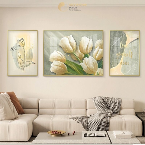 Bộ 3 Tranh Treo Tường Tráng gương / Canvas Cao Cấp - Hoa Tulip Boho Tối Giản - Kiểu mới- 4668-11