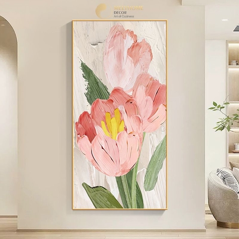Tranh Đơn Dọc Treo Tường Tráng gương / Canvas Hoa Tulip Hồng -HTQ1214
