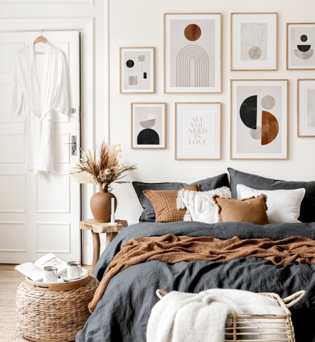 Bộ 8 Tranh Treo Tường Tráng gương/Canvas Trắng Cam Trừu Tượng Tối Giản Boho Minimalism - MELYHOME