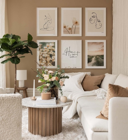 Bộ 6 Tranh Treo Tường Tráng gương/Canvas Vàng Nhạt Trắng Boho Minimalism Trừu Tượng Phong Cảnh Hoa Cúc Hoạ Mi Dasiy