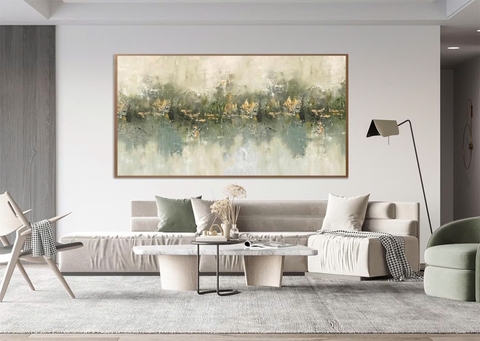 Tranh Đơn Ngang Trừu Tượng Xanh Lá Tối Giản Minimalist Wabi sabi Treo Tường Tráng gương trang trí phòng khách sạn, phòng ngủ