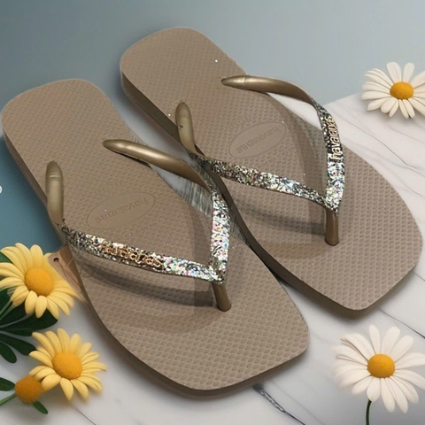 dép havaianas nữ Thái màu nâu quai kim tuyến