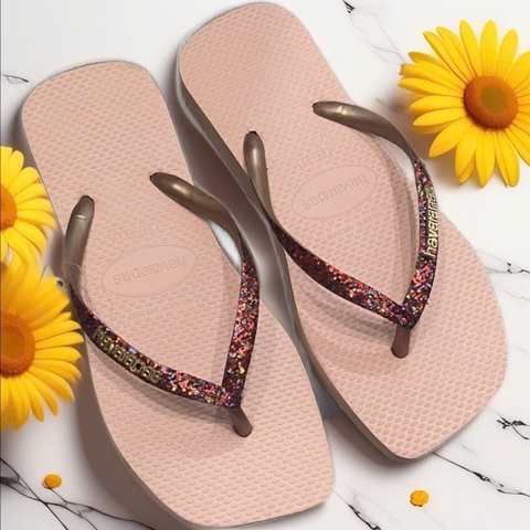 dép havaianas nữ Thái màu hồng quai kim tuyến