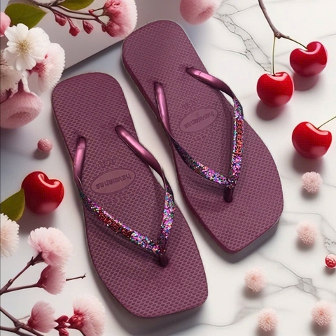 dép havaianas nữ Thái màu đỏ mận quai kim tuyến