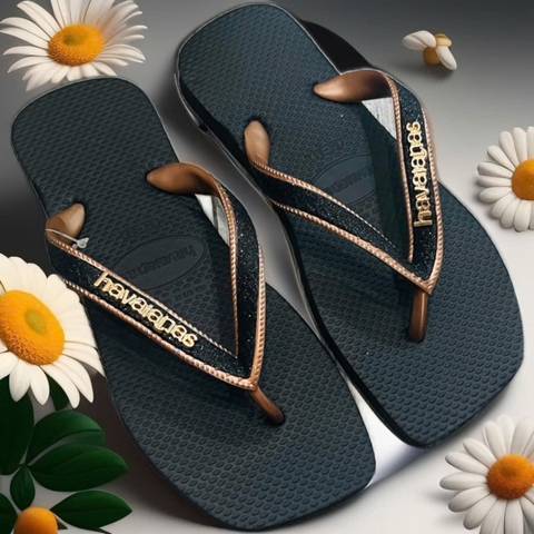 dép havaianas Thái nữ đen quai kim tuyến