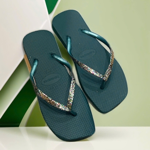 dép havaianas nữ Thái màu xanh rêu quai kim tuyến