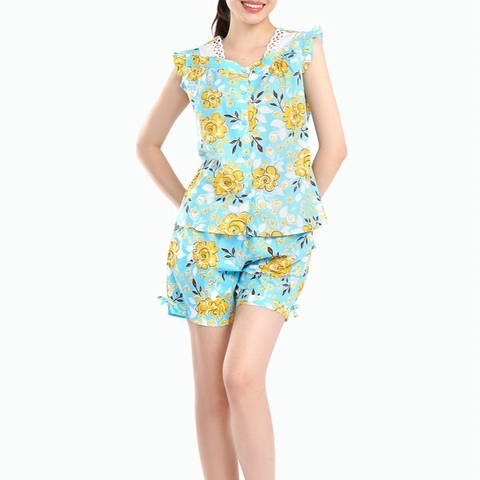 Bộ ngắn cotton nữ sát nách , cổ viền ren