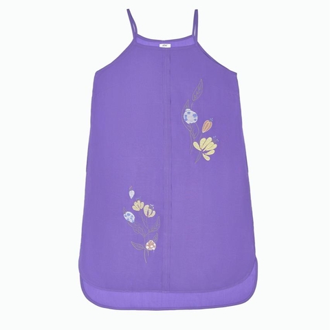 Đầm rayon màu dày thêu, 2 dây, xẻ tà