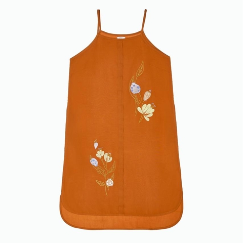 Đầm rayon màu dày thêu, 2 dây, xẻ tà