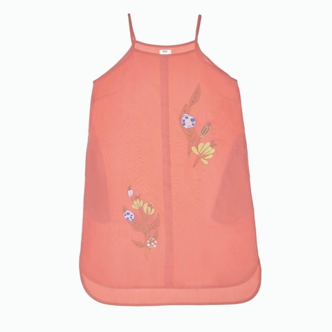 Đầm rayon màu dày thêu, 2 dây, xẻ tà