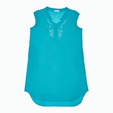 Đầm ROM thêu, cổ tim lãnh tụ, tay con