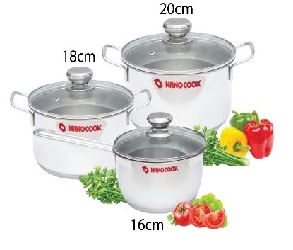 Bộ nồi inox 3 cái 3 đáy Nanoccok 06TC( QUÁNH 16+18+20), nắp kiếng cường lực, tay cầm cách nhiệt, sử dụng được bếp từ và các loại bếp khác)