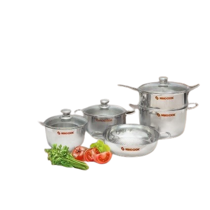 Bộ nồi inox 5 cái 3 đáy Nanocook 08TC1(nồi 16+18+24, quánh 16, chảo 18), nắp kiếng cường lực, tay cầm cách nhiệt, sử dụng được bếp từ và các loại bếp khác)