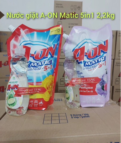 Combo Nước giặt A-ON Matic 5in1 hương nắng mai bịch 2.2kg. Tặng nước rửa chén A-ON 400g