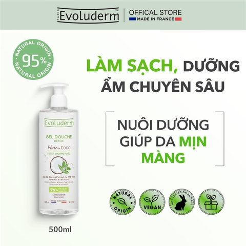 Gel tắm thiên nhiên thuần chay Evoluderm tinh chất Dừa, Trà xanh Evoluderm 500ml