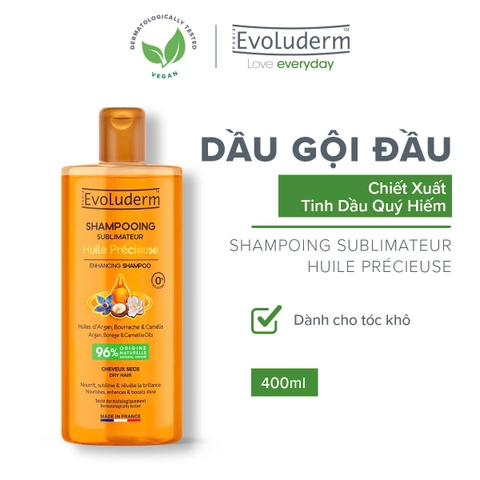 Dầu gội thiên nhiên không Silicon Evoluderm chiết xuất tinh dầu hoa trà, lưu ly và Argan dành cho tóc khô 400ml