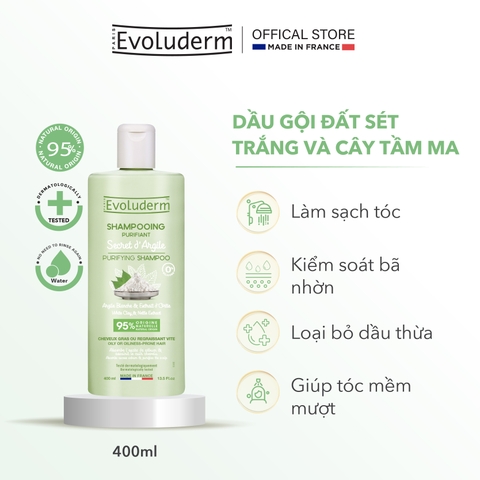 Dầu gội thiên nhiên không Silicon Evoluderm chiết xuất cây Nettle và bùn trắng dành cho tóc dầu 400ml