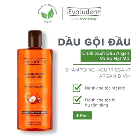 Dầu gội thiên nhiên không Silicon Evoluderm chiết xuất tinh dầu Argan dành cho tóc khô & hư tổn 400ml