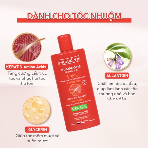 Dầu gội thiên nhiên không Silicon Evoluderm bổ sung Keratin dành cho tóc uốn nhuộm 400ml