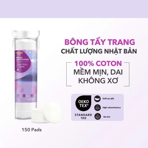 Bông tẩy trang 100% cotton Yusachi 150pcs/gói - Sản xuất bởi tập đoàn Suzuran - Nhật Bản (Bông tròn)