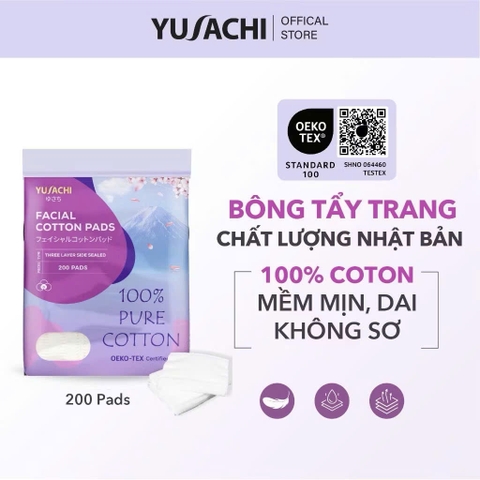 Bông tẩy trang 100% cotton Yusachi 200pcs/gói - Sản xuất bởi tập đoàn Suzuran - Nhật Bản (Bông vuông)