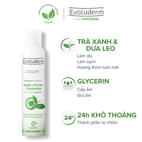 Xịt khử mùi cơ thể 24h Trà xanh-Dưa leo Evoluderm 200ml