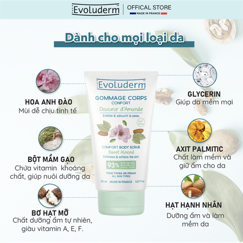 Tẩy tế bào chết toàn thân thiên nhiên thuần chay Evoluderm chiết xuất hạnh nhân 150g