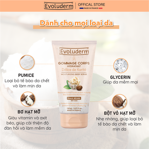 Tẩy tế bào chết toàn thân thiên nhiên thuần chay Evoluderm chiết xuất bơ hạt mỡ 150g